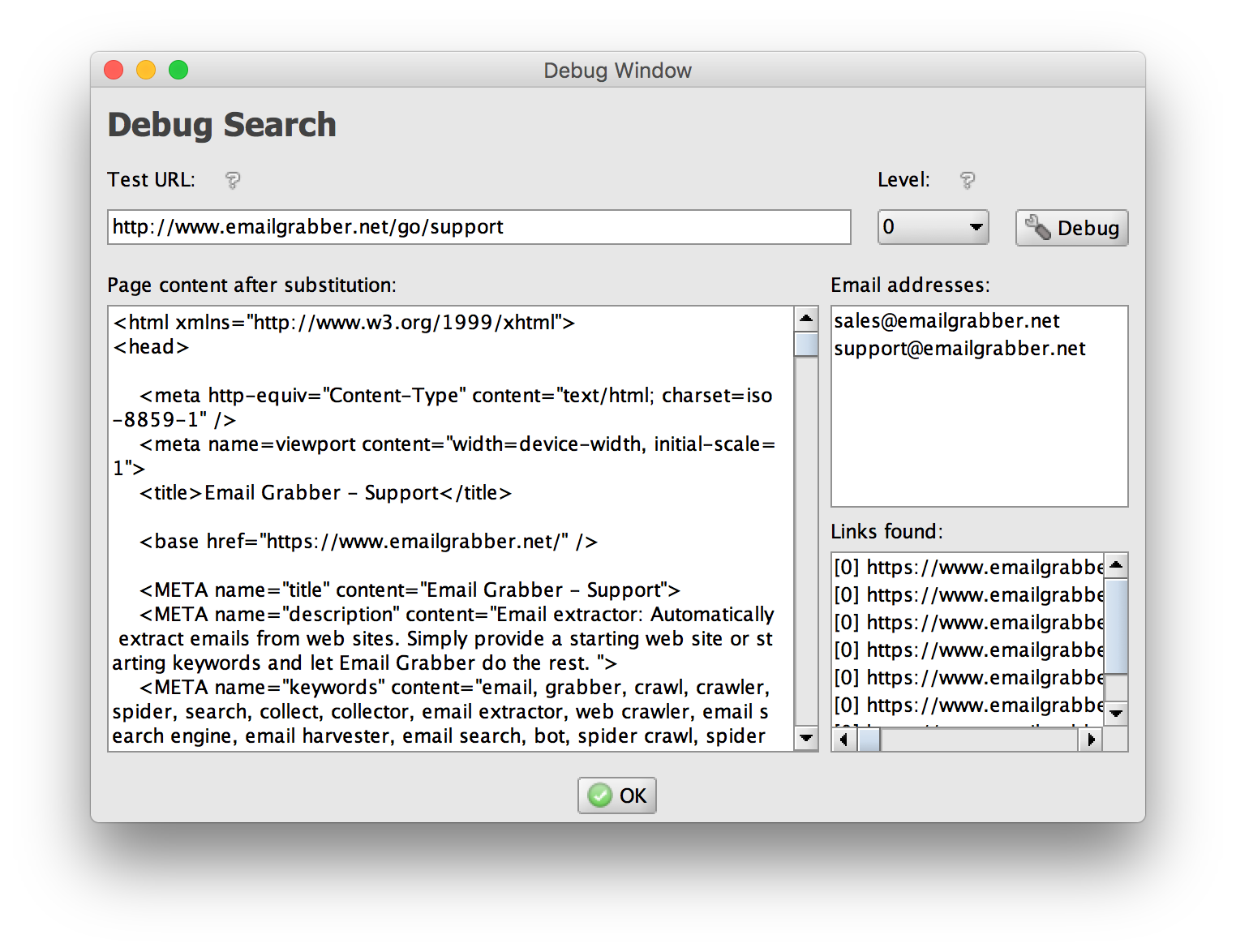 Email Grabber's Debug Search screenshot