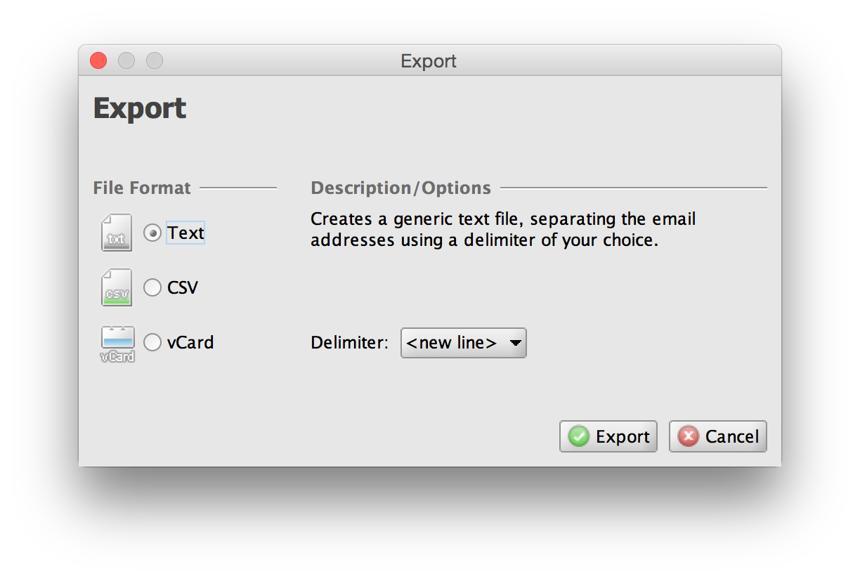 Email Grabber Export dialog screenshot